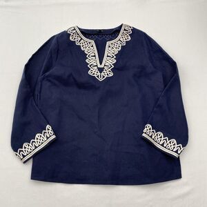 Talbots Linen Tunic Top Womens Large Navy Long Sleeve Ribbon Embroidered Boho